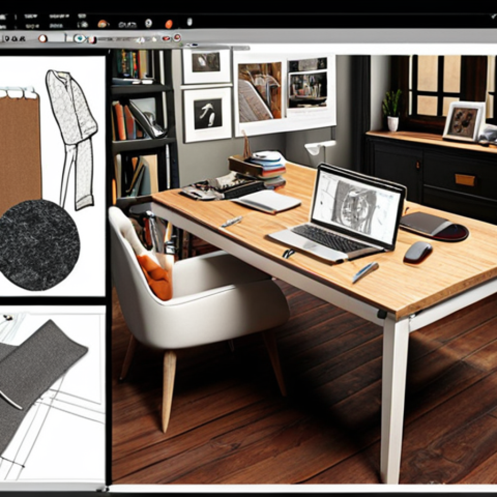 ** A designer's workspace. Concept board with fabric swatches, color palettes, and inspirational images of furniture. Hand sketches scattered around. A 3D rendering of an interior design project is visible on a computer screen. The overall atmosphere is creative and detailed.

**