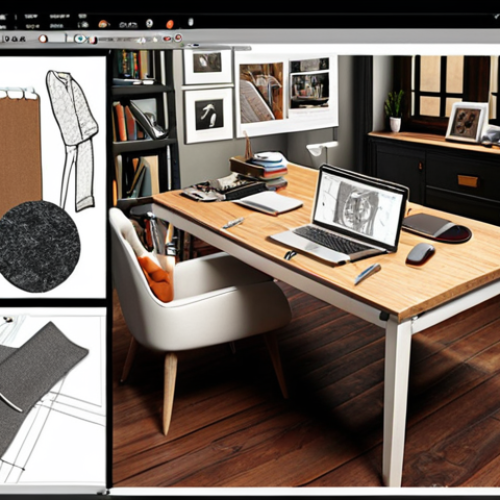 ** A designer's workspace. Concept board with fabric swatches, color palettes, and inspirational images of furniture. Hand sketches scattered around. A 3D rendering of an interior design project is visible on a computer screen. The overall atmosphere is creative and detailed.

**