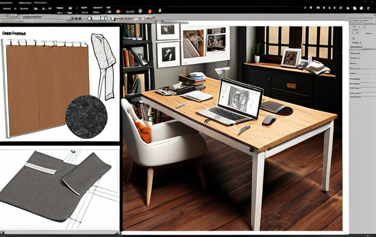 ** A designer's workspace. Concept board with fabric swatches, color palettes, and inspirational images of furniture. Hand sketches scattered around. A 3D rendering of an interior design project is visible on a computer screen. The overall atmosphere is creative and detailed.

**