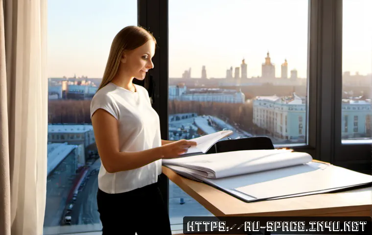 공간디자인 이직 성공 전략 - Photorealistic interior designer in a modern Moscow apartment studio, confidently arranging a polish...